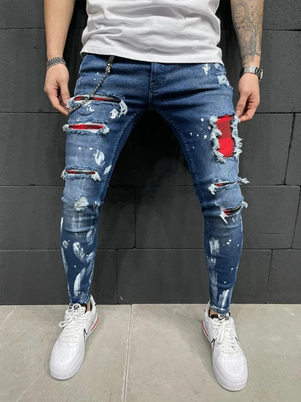 Color: SKY BLUE, Size: XXL, Ships From: CHINA - Men's Punk Hip Hop Black Fashion Jeans Spring summe F640-12000040453751921