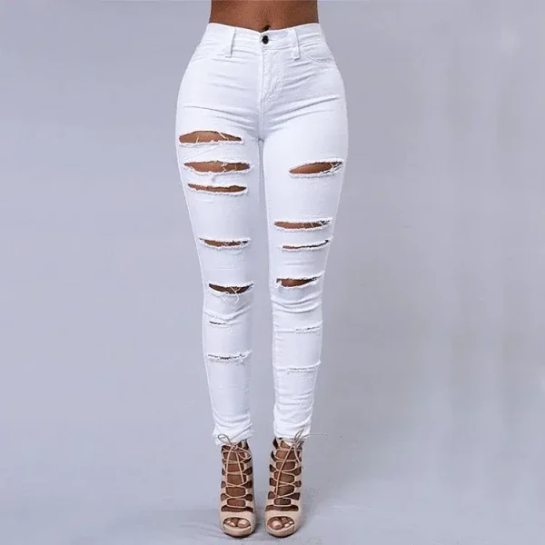 Color: WHITE, Size: XXL - Women's Ripped Tight Sexy Large Size Skinny Pants Jeans for Women F640-12000017258738170