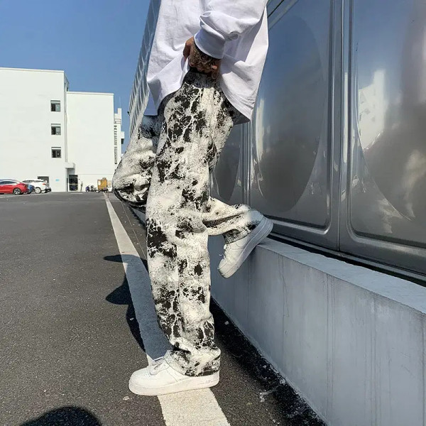 Color: black, Size: L - Printed jeans Unisex Elastic waist Spring 2025 Mopping Trousers Jeans Mens  F640-12000027519965454