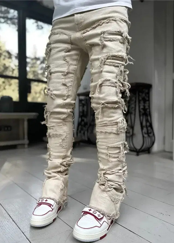 Color: Blue, Size: XL - Men's Regular Fit Stacked Jeans Ripped Slim Fit Patch Distressed Destroyed  F640-12000041500299355