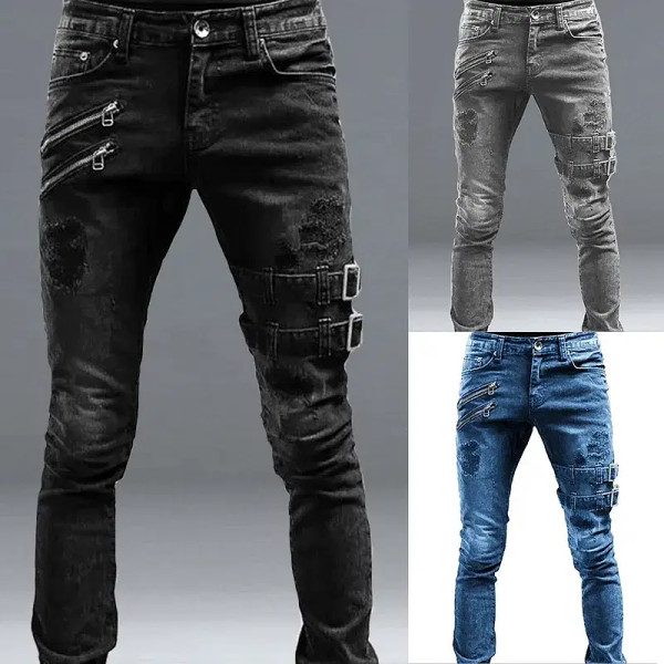 Color: Blue, Size: L, Ships From: CHINA - Men's Punk Hip Hop Black Fashion Jeans Spring summer New  F640-12000040453751904