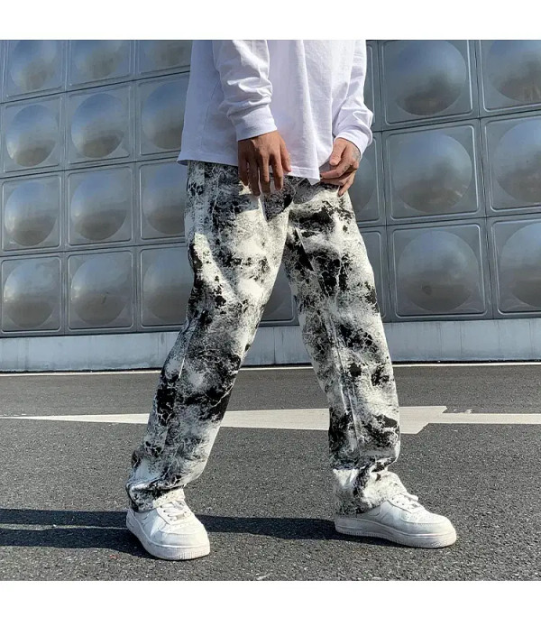 Color: black, Size: XL - Printed jeans Unisex Elastic waist Spring 2025 Mopping Trousers Jeans Mens F640-12000027519965455