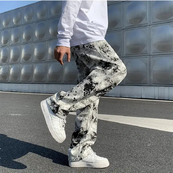 Color: black, Size: XL - Printed jeans Unisex Elastic waist Spring 2025 Mopping Trousers Jeans Mens F640-12000027519965455