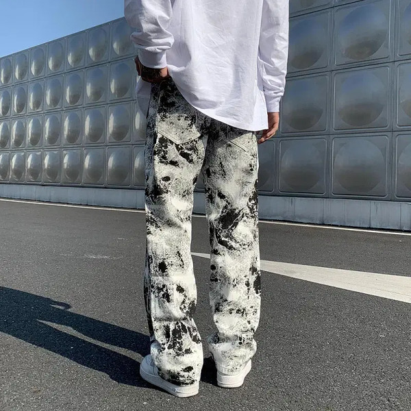 Color: black, Size: XL - Printed jeans Unisex Elastic waist Spring 2025 Mopping Trousers Jeans Mens F640-12000027519965455