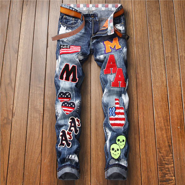 Autumn And Winter New Small Straight Embroidered Flag Badge Paint Men'S Slim Non-Stretch Jeans Tren Q119-CJNZ1090533