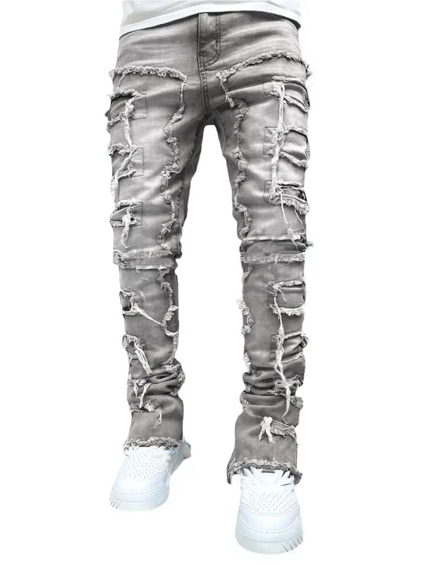 Color: Gold, Size: S - Men's Regular Fit Stacked Jeans Ripped Slim Fit Patch Distressed Destroyed S F640-12000041500299367
