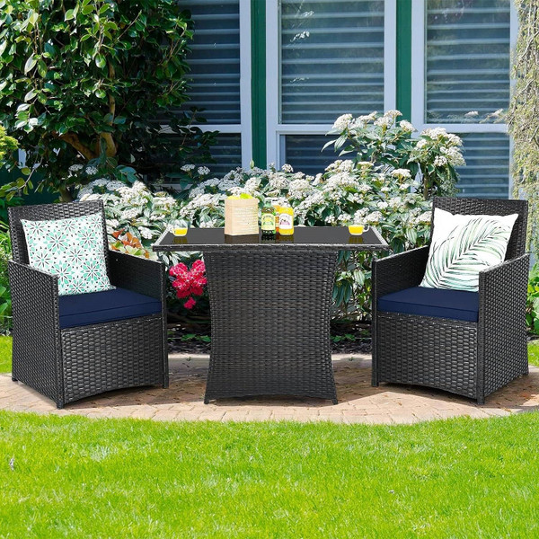 3-Piece Patio Furniture Outdoor Dining Set Brown PE Rattan Navy Blue Cushions Q280-BLMBTPDS198974721