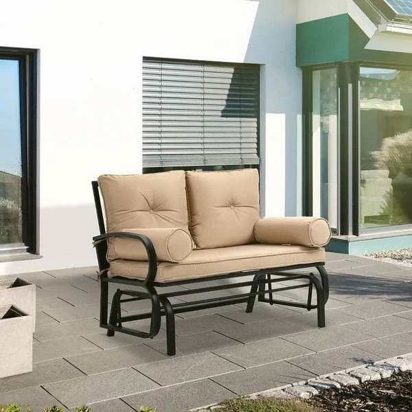 Outdoor Garden Patio Rocking Glider Chair Loveseat with Tan Khaki Cushions Q280-KHAPE482753