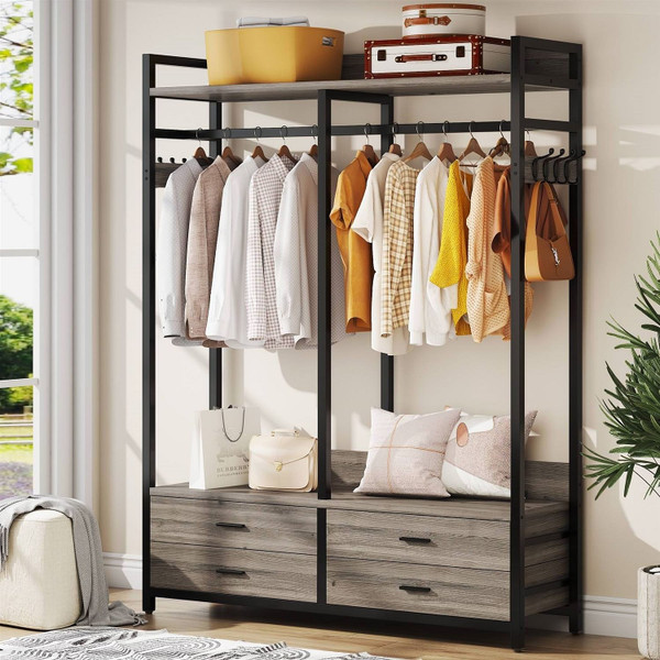 Modern Grey Black Garment Rack with Clothes Hanging Rod and 4 Storage Drawers Q280-GFSCRDS189207