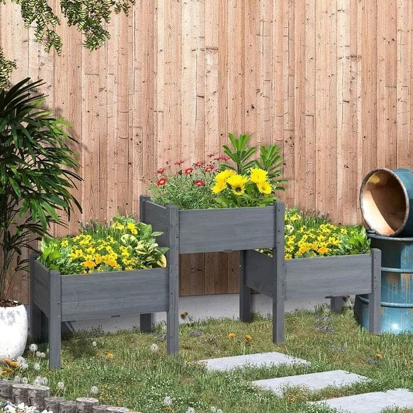 3 Grey Wood Elevated Planter Set Vegetable Herb Flowers Raised Garden Beds Q280-GRPLA567126