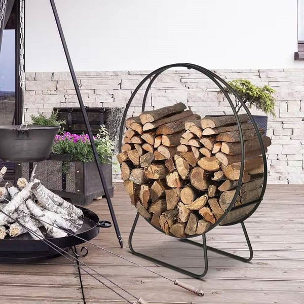 Indoor/Outdoor 2-ft. Round Black Powder-Coated Steel Firewood Log Rack Q280-SFHDR2835146257