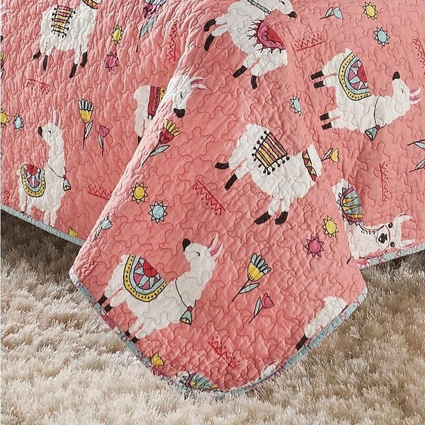 Full/Queen Pink Blue Reversible Floral Llama 100-Percent Cotton Quilt Set Q280-PBLP5788