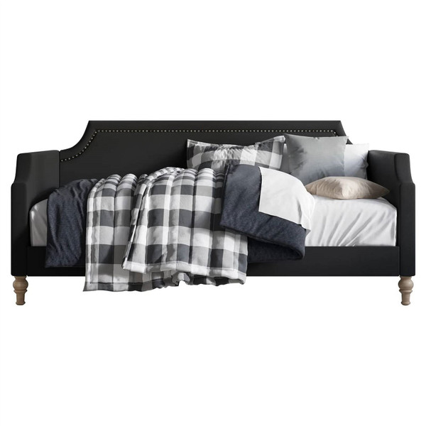 Twin size Black Polyester Fabric Upholstered Daybed with Nailhead Trim Q280-BLUDB229517593