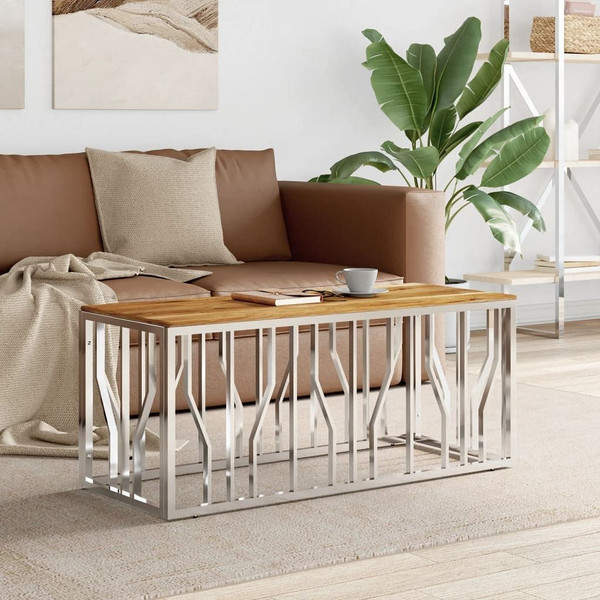  Coffee Table Silver Stainless Steel and Solid Wood Acacia A949-350055