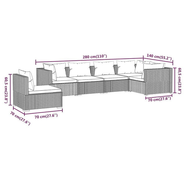 6 Piece Patio Lounge Set with Cushions Poly Rattan Brown A949-3102323