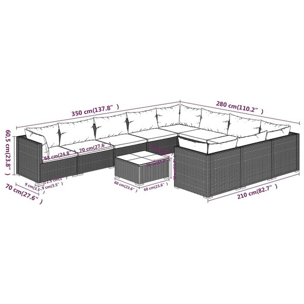 11 Piece Patio Lounge Set with Cushions Poly Rattan Brown A949-3102787