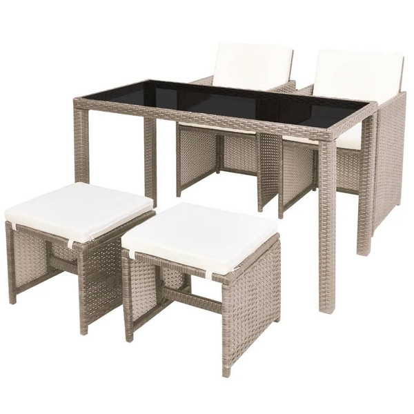 5 Piece Patio Dining Set with Cushions Poly Rattan Beige A949-42555
