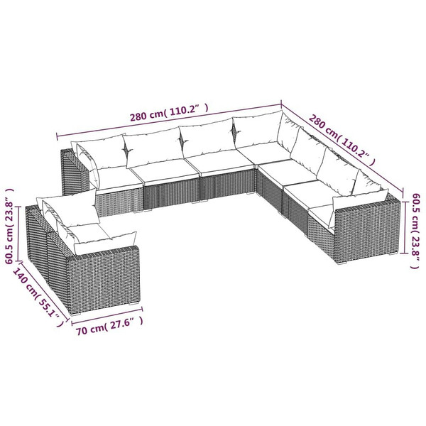 9 Piece Patio Lounge Set with Cushions Black Poly Rattan A949-3102497