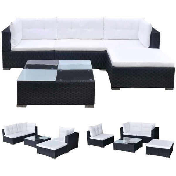 5 Piece Patio Lounge Set with Cushions Poly Rattan Black A949-42100
