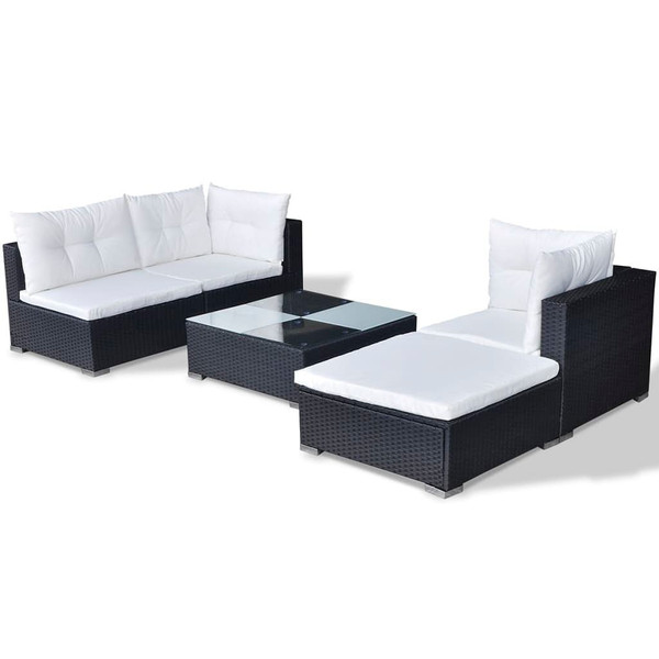 5 Piece Patio Lounge Set with Cushions Poly Rattan Black A949-42100
