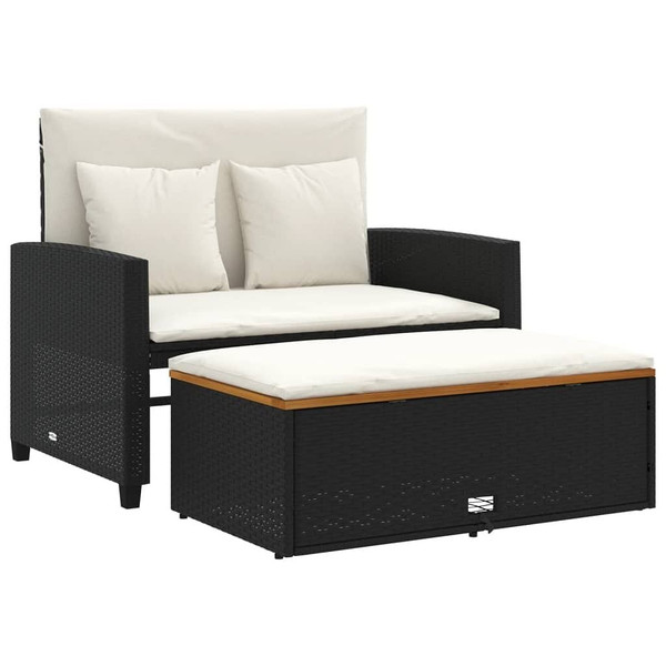 Patio Sofa with Cushions 2-Seater Black Poly Rattan&Acacia Wood A949-365141