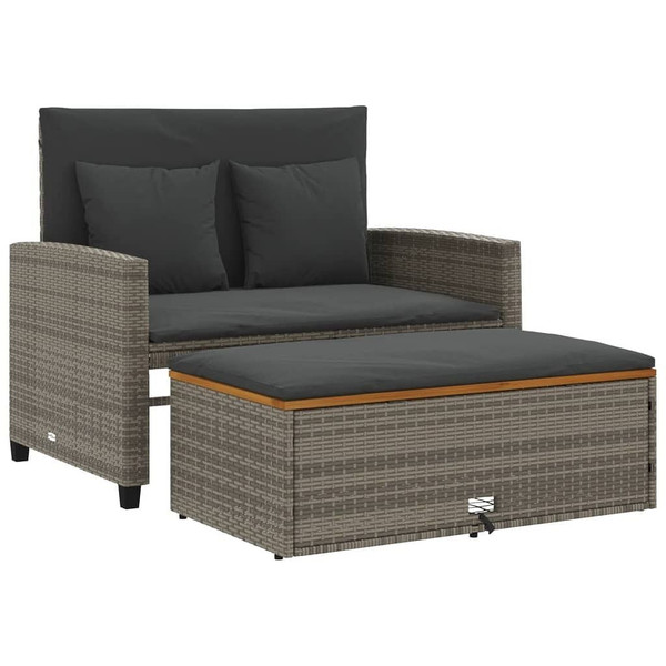 Patio Sofa with Cushions 2-Seater Gray Poly Rattan&Acacia Wood A949-365142