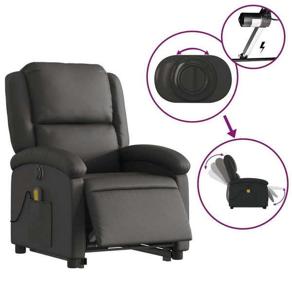 Electric Stand up Massage Recliner Chair Black Real Leather A949-3205948