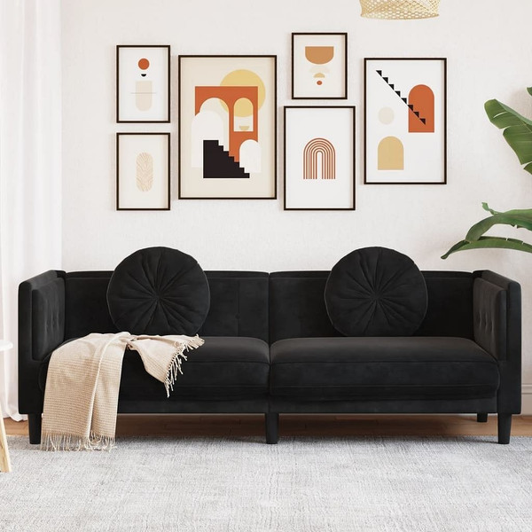 Sofa with Cushions 3-Seater Black Velvet A949-372647
