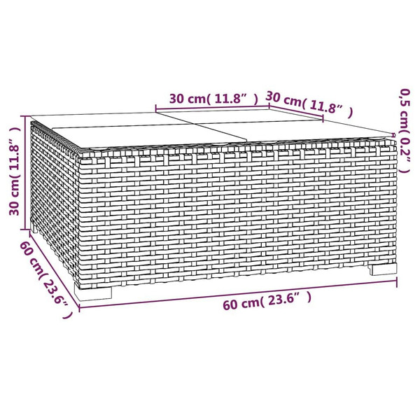 Patio Coffee Table Brown 23.6"x23.6"x11.8" Poly Rattan & Glass A949-317502