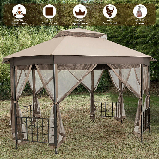 10'x 12' Octagonal Patio Gazebo-Brown B593-OP70383
