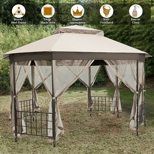 10'x 12' Octagonal Patio Gazebo-Brown B593-OP70383