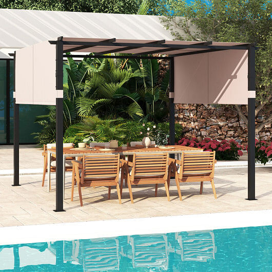 10 x 10 ft Flat Top Pergola with Retractable Canopy for Garden Pool Porch and Backyard-Beige B593-NP11780+