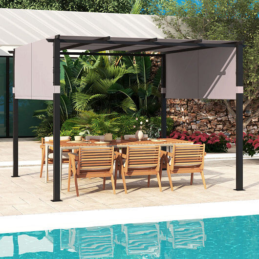 10 x 10 ft Flat Top Pergola with Retractable Canopy for Garden Pool Porch and Backyard-Beige B593-NP11780+