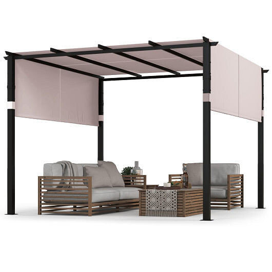 10 x 10 ft Flat Top Pergola with Retractable Canopy for Garden Pool Porch and Backyard-Beige B593-NP11780+
