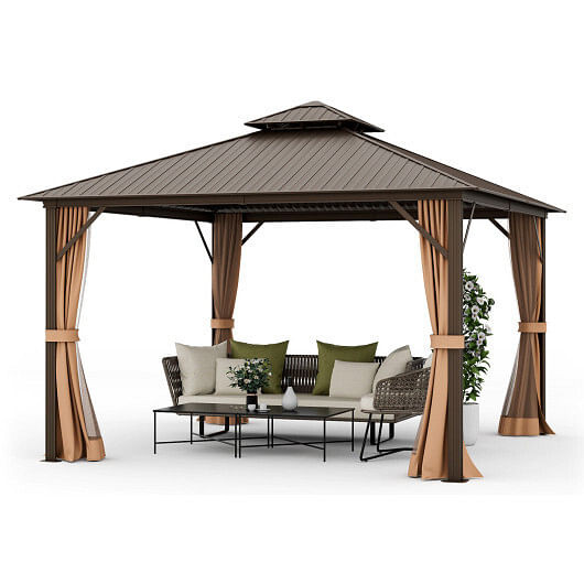12 x 12 Feet Double-Roof Patio Hardtop Gazebo with Galvanized Steel Roof Netting and Curtains-Coffee B593-NP11435+