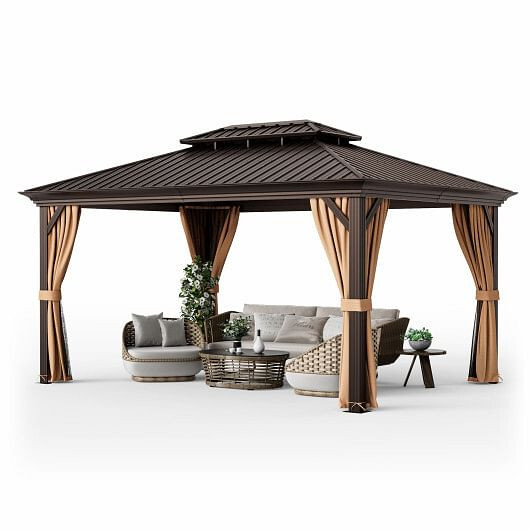 12' x 16' Double-Roof Hardtop Gazebo with Galvanized Steel Roof-Coffee B593-NP11433+