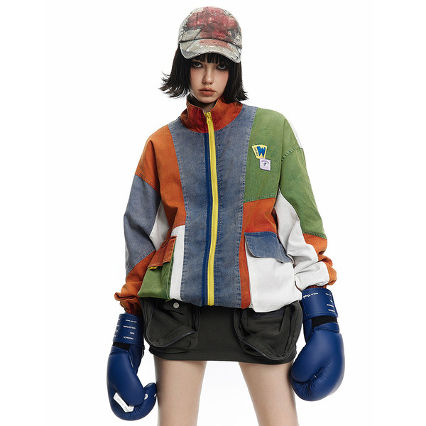Irregular Color Contrast Patchwork Jacket Coat Q119-CJXZ2092201