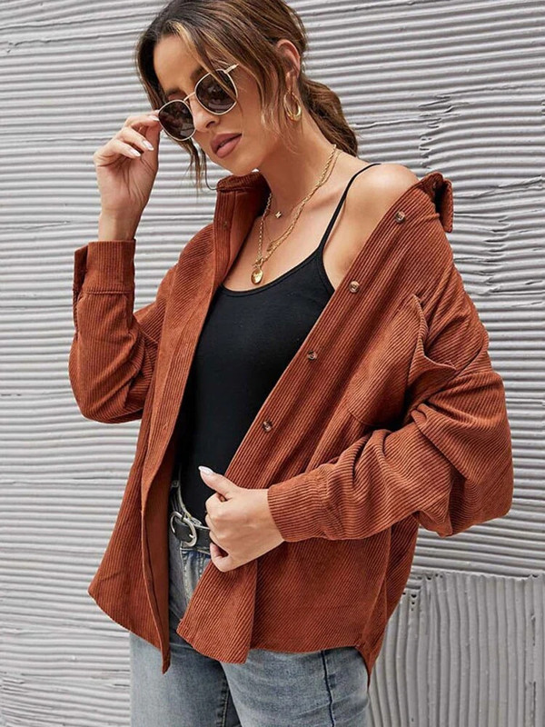 Color: Caramel color, Size: M - Autumn Corduroy Jacket Woman Long Shirt Jacket Women Button Q119-CJQB210699502BY