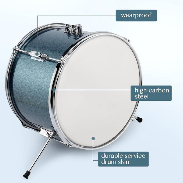 14"x10" 3-Pieces Junior Kids Drum Set Kit Pedal Drum Stick Wrench Drum Stool Sky Blue T575-S0671383924