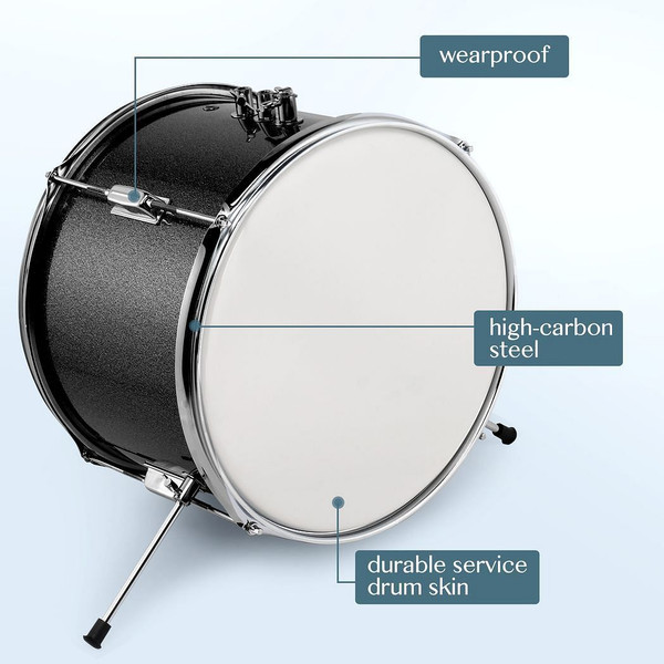 14"x10" 3-Pieces Junior Kids Drum Set Kit Pedal Drum Stick Wrench Drum Stool Black T575-S0671383908