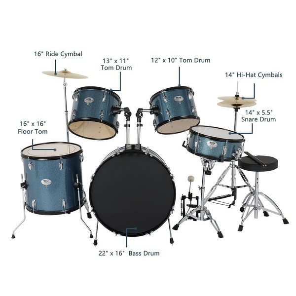 MCH Full Size Adult Drum Set 5-Piece Black with Bass Drum, two Tom Drum, Snare Drum, Floor Tom, 16" T575-S0671296517