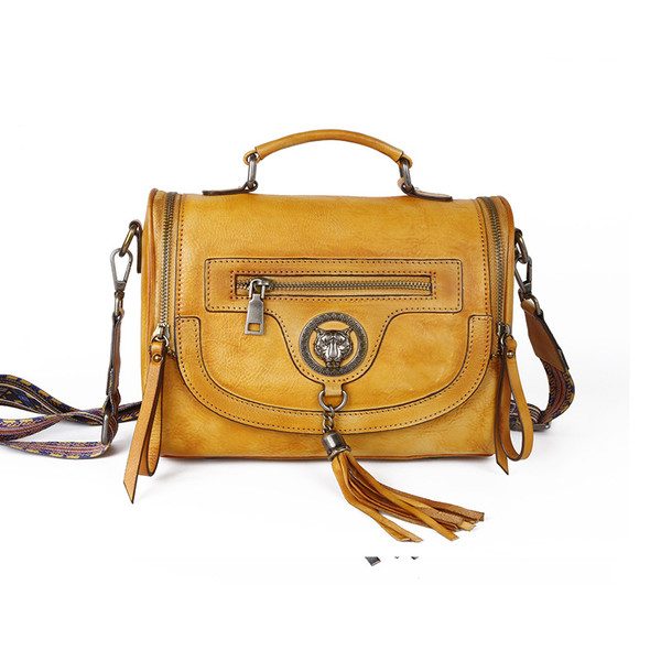 Color: Retro yellow - One Shoulder Women's Bag With Head Leather Q119-CJBHNSNS32399-Retro yellow