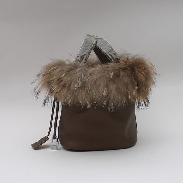 Color: Dark Grey, Size: M - Big Brand Vegetable Blue Child Bag Fox Hair Bucket Bag Togo Leather Han Q119-CJNS111987218RI