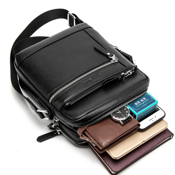Color: Blue, Ships From: CN - BISON DENIM Classic Black Male Bag Genuine Leather Business Crossbody F640-12000032851433009