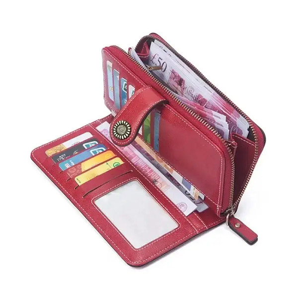 Color: Orange - New Retro Long Purse Vintage Solid Color Oil Wax Hollowed Out Wallet Multifunction  F640-12000038817288980