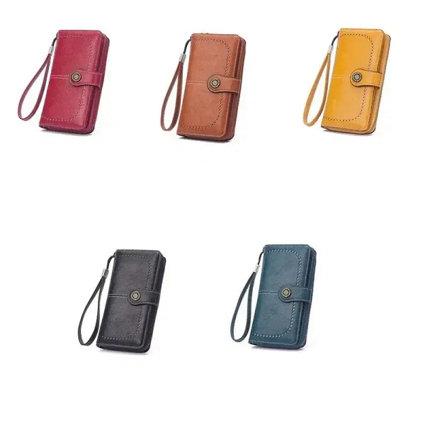 Color: Orange - New Retro Long Purse Vintage Solid Color Oil Wax Hollowed Out Wallet Multifunction  F640-12000038817288980