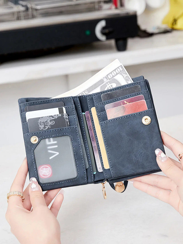Color: black - Retro foldingzipper wallet high-quality PUleather portablemultifunctional women's wa F640-12000035869013126