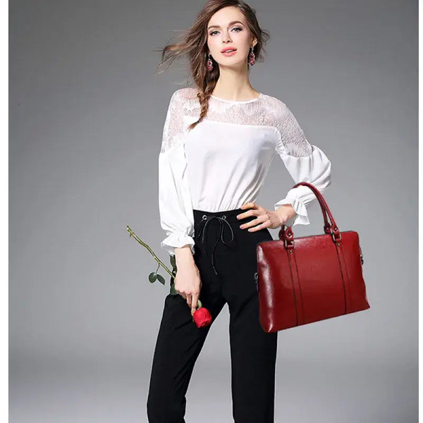 Color: Red - Oyixinger New 100% Genuine Leather Briefcase For Woman 14 inch Laptop Bag Women's Hand F640-67045224381