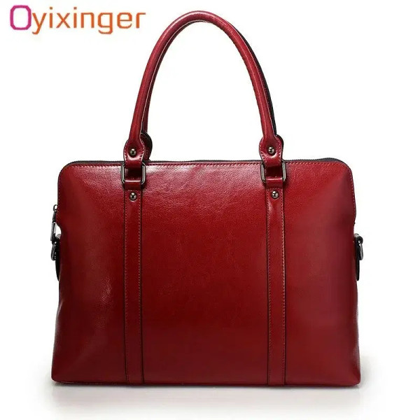 Color: Red - Oyixinger New 100% Genuine Leather Briefcase For Woman 14 inch Laptop Bag Women's Hand F640-67045224381