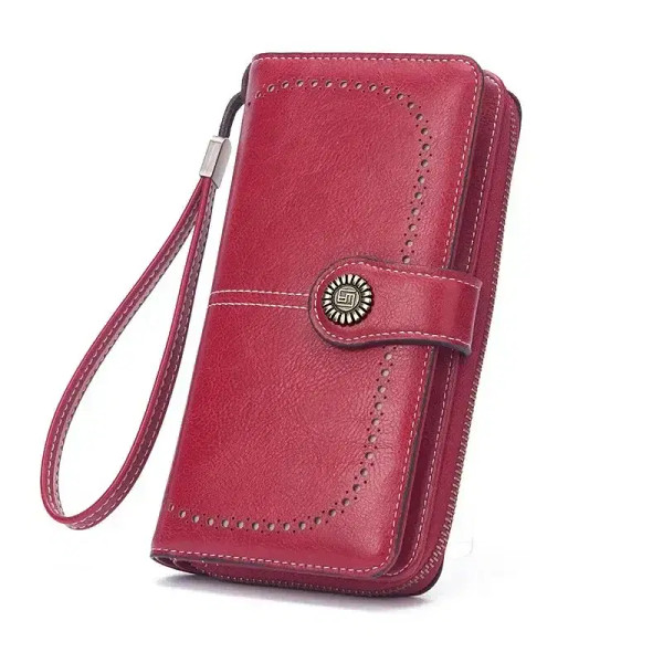 Color: Yellow - New Retro Long Purse Vintage Solid Color Oil Wax Hollowed Out Wallet Multifunction  F640-12000038817288977